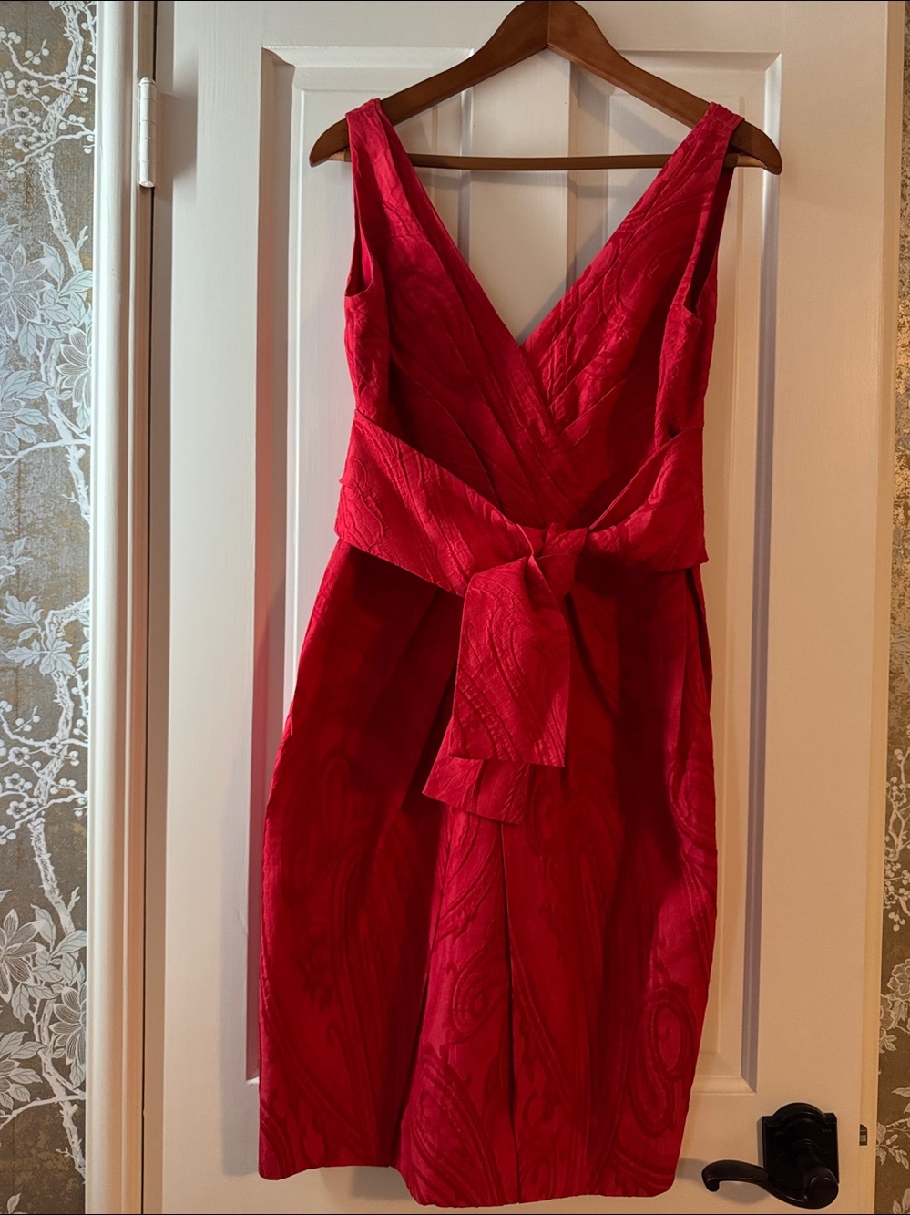 Monique Lhuillier Paisley Poppy V-Neck Textured Midi Dress with Waist Sash